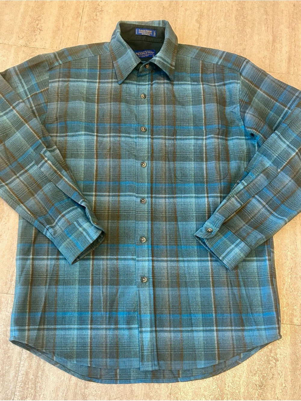 Pendleton Lodge Shirt M Teal/Brown Plaid Spread Collar